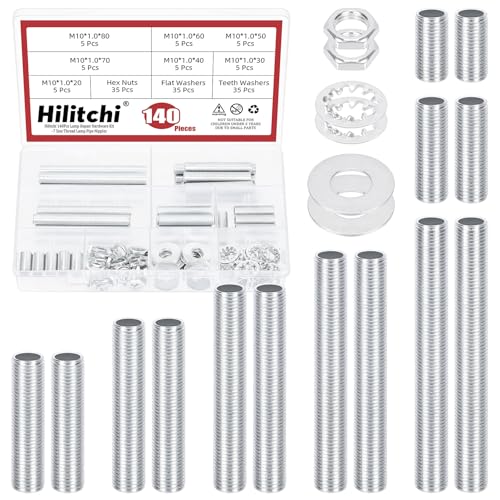 Hilitchi 140PCS M10 Lamp Pipe Nipple Hollow Lamps Repair Part Hardware Hollow Lamp Rod Assortment Kit Includes Flat Washer Teeth Washer Hex Nuts for Light Fittings Outdoor Lamps