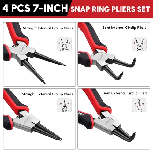 ARROW Snap Ring Pliers Set, 4-Piece Heavy Duty 7-Inch Internal/External Circlip Pliers with Straight & Bent Jaws, CR-V Steel, Spring-Loaded Precision C-Clip Removal Tool with Storage Pouch