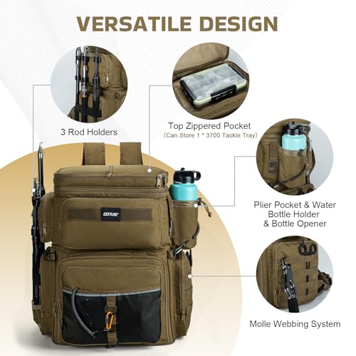 Goture Fishing Backpack, 66L 600D Tackle Backpack with Cooler,3 Rod Holders, Helmet Holder, Rain Cover, Saltwater Large Fishing Bag for Camping Hiking, Gear Storage Bag, Gifts for Men - color: B1:khaki(without Tackle Box)