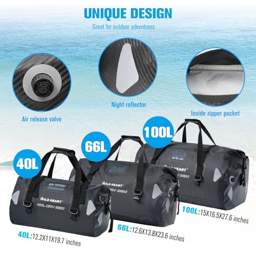WILD HEART Waterproof Motorcycle Duffel Bag PVC500D Double-bottom With Rope Straps and Inner Pocket 40L 66L 100L for Kayaking, Camping, Boating,Motorcycle - color: 66L Imitation carbon fiber, size: 66L