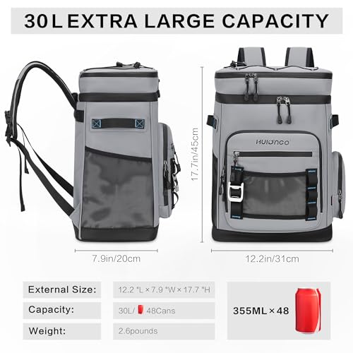 Hulongo Large Waterproof Insulated Cooler Backpack for Men & Women, Leak Proof Cooler Backpack for Camping, Beach, Fishing, Picnic, Travel, Outdoor, 30L, 48Cans - color: gray