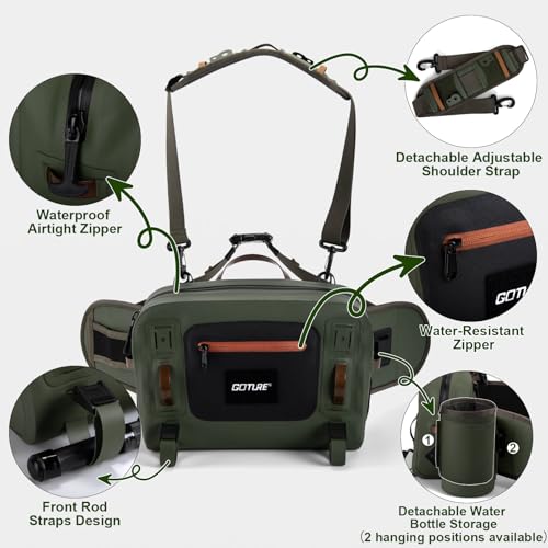 Goture Waterproof Fishing Waist Pack,IPX8 840D TPU Large Tackle Bags with Rod Holder,Airtight Zipper,Detachable Water Bottle Holder, 10L Fly Fishing Bag with Adjustable Strap, Wader Bag Included - color: C1:10L Waterproof Tackle Bag & Wader Bag