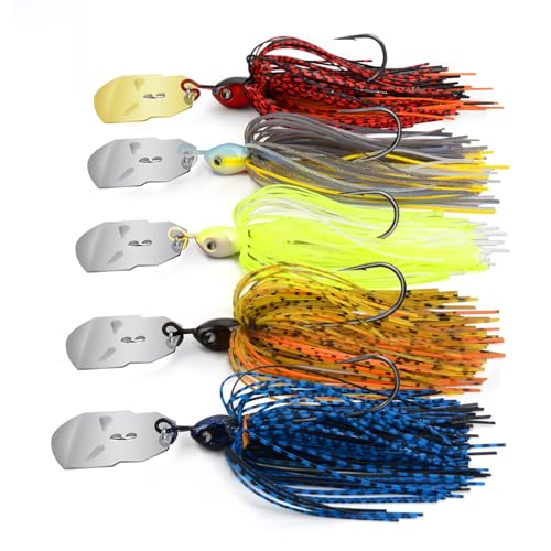 MadBite by KastKing Bladed Jig Fishing Lures, Multi-Color Kits, Irresistible Vibrating Action, Sticky-Sharp Heavy-Wire Needle Point Hooks, Popular 3/8 oz and 1/2 oz Sizes, Includes Storage Box - color: A1: 5 Pack (3/8oz) - Clear Water & Muddy Water