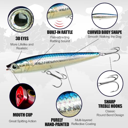 LUCKY CRAFT Gunfish 95NF Top Water Bass Fishing Lures, 4” Floating Lure with Cupped Mouth, Freshwater Trout and Bass Lures Fishing Gear, Accessories for Tackle Box - color: 386 Blue Pink Sardine RT (Red Tail)