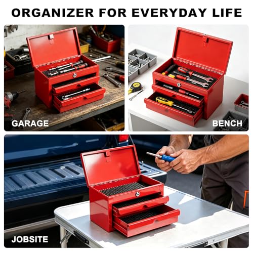 BIG RED Mini Steel Tool Box with Drawer, Small Metal Tool Box Organizer | Lockable Top Storage, Multi-Purpose Portable Tool Box Organize for Desk, Home, Garage, desk or Workbench, Red - color: Red, size: 10.7 Inch