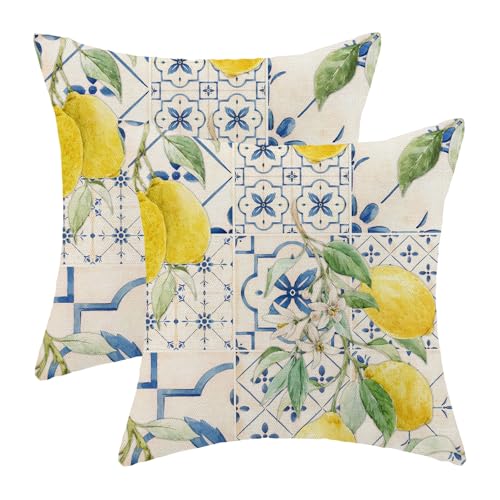 Summer Floral Pillow Covers 18x18 Set of 2, Blue and Vintage Botanical Yellow Lemon Flower Decorative Throw Pillows Farmhouse Linen Seasonal Outdoor Cushion Case for Home Couch Sofa Decor - color: Blue Yellow Lemon, size: 18" x 18" (Pack of 1)