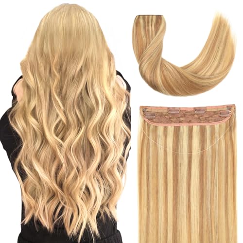Invisible Wire Hair Extensions Real Human Hair - 22 Inch 95G P18/22 Ash Blonde Highlights Golden Blonde Transparent Fish Line Clip-Ins Hair Piece, 100% Remy Human Hair Extensions for Women - color: P18/22 Ash Blonde Highlights Golden Blonde, size: 22 Inch