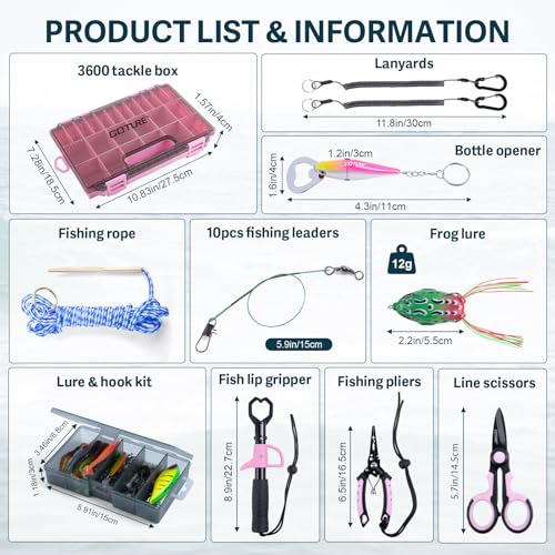 Goture Pink Fishing Kit, Fishing Lures with Tackle Box and Fishing Tool Kit Set for Women, Include Fish plier, Braid Scissors, Fishing Gripper with Gift box - color: Gift Boxed, size: Pink Tools Set + Lure Kit (NO CR-Gloves)