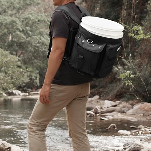 Fishing Bucket Backpack with Rod & Plier Holder and Pockets for Fishing, Hunting, Apple Picking for 5 Gallon Bucket (Black) - color: Black