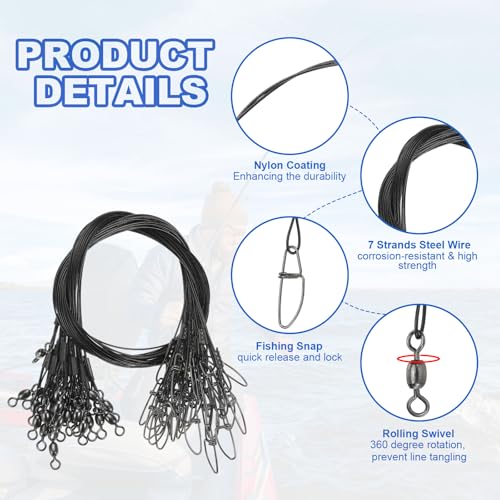 PATIKIL Fishing Wire Leader Line Steel Heavy Saltwater Fishing Leader Line High Strength with Rolling Swivel and Snap - color: Black