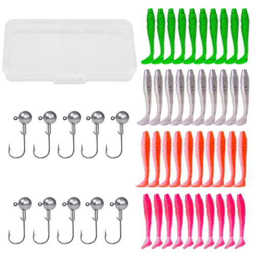 Paddle Tail Swimbaits Lures, 40 Pcs 2.36 Inch Soft Plastic Fishing Lures and 10 Pcs Fishhooks with Box, Bass Fishing Lure Swim Baits with 4 Color, for Trout, Crappie, Bass, Freshwater, Saltwater - color: B