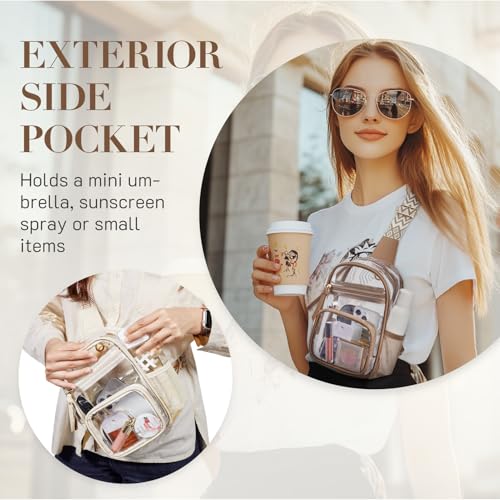 Missnine Clear Bag for Stadium Events Clear Sling Bag Fanny Pack Crossbody Purse for Sport Concert with Side Mesh Pocket - color: J-tan[side Pocket]