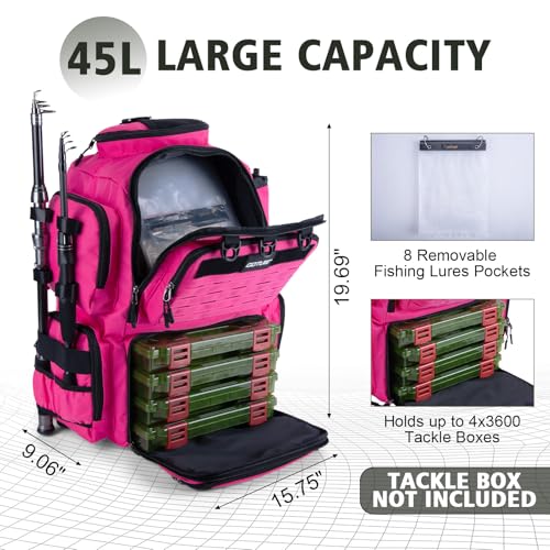 Goture Fishing Backpack, 900D Water-Resistant Tackle Backpack with Rod Holders, 45L Large Fishing Bag Storage Gear Tackle Bag with 8 Lure Pockets, Rain Cover for Camping Hiking(Without Tackle Box) - color: 45L Pink with 8 Lure Pockets