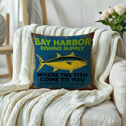 Rustic Fishing Throw Cushion Case 18x18 Inch Bay Harbor Fishing Supply Tuna Pillow Cover for Lake House Cabin Man Cave Couch Sofa Outdoor Fishing Decor Pillowcase (Blue) - color: Blue
