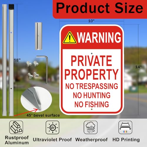 2 Pack Private Property No Trespassing Signs with 36" Metal Stakes, 10x14 Inches, Reflective Aluminum, No Hunting No Fishing Signs - style: 2 Pack-10"x14" with 36" Stakes