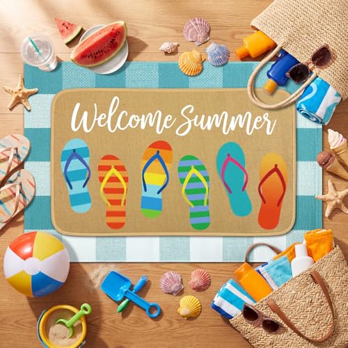 Tinideya 2 Pcs Summer Door Mat Outdoor Flip Flop Welcome Doormat Linen Rubber Layered Beach Rug Non Slip Coastal Blue and White Plaid Rug Farmhouse Summer Decor for Front Porch Entryway Outside - size: 16 x 28 Inch,24 x 35 Inch, style: Welcome Flip Flops