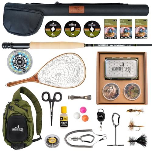 Ventures Fly Co. | Starter Packages | 23 Fly Fishing Accessories Complete Gear Combo | Perfect Beginner Kit | Includes Rod, Reel, Line, Flies, Leader, Tippet, Forceps, Nipper, Floatant & Net