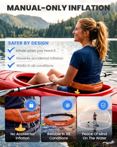 Owntop Manual Inflatable Belt Pack, Adults Swim Jacket with Blowpipe & Whistle, 24g CO2 Cylinder Included, Low Profile for Kayaking, Fishing, Paddle Sports - color: Orange, size: One Size