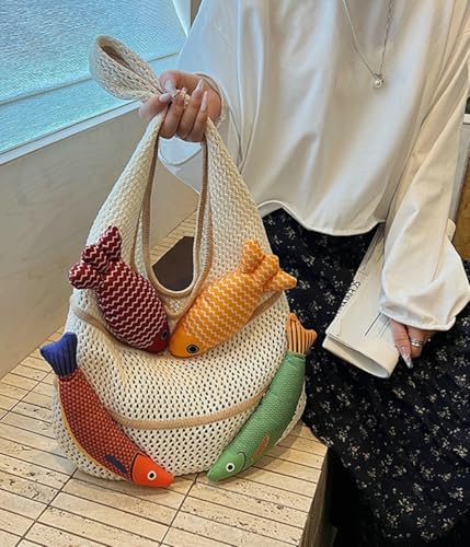 Knitted Beach Shoulder Bag for Women 3D Fish Bohemian Tote Versatile Purse Soft Hobo Handbag for Summer Vacation 2026 - color: B Khaki