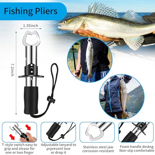 Fishing Tool Kit - 112pcs Fishing Gear & Equipment, Fish Pliers, Hook Remover, Scale, Scissors, Lip Gripper, Lures - color: Blue