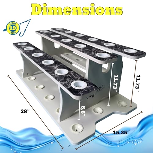Rush Creek Creations Reel Salty 19-Rod Marine Grade Fishing Pole Holder with Tri-Level Design, UV-Resistant, 100% Waterproof Fishing Rod Holder for Garage and Dock, Blue/White - size: 19-Rod