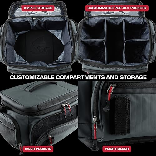 Evolution Fishing Largemouth 3.0 3700 Tackle Bag - Patent Pending Modular Pop Out Pockets, Molded Bottom, Includes Quicklatch Tackle Tray, Plier Holster, Heavy Duty Fishing Storage Bag