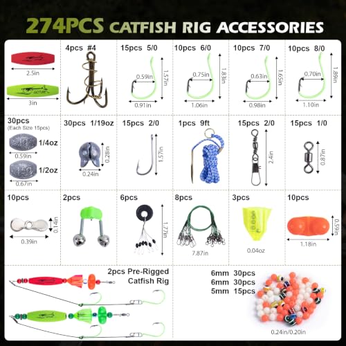 Goture Catfish Rig Making Kit,274pcs/300pcs Catfishing Tackle with Luminous Fishing Hook Swivel Sinker Weights Rattle Float Bobber Stoppers,Catfish Rigs Accessories with 3600 Tackle Box,Gifts for Men - color: B1:274pcs-2pcs Pre-rigged Catfish Rigs&Tackle