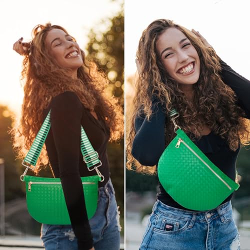 Woven Crossbody Bags for Women Leather Belt Bum Sling Purse Fanny Waist Pack Chest Shoulder Bag for Women-Green - color: Green