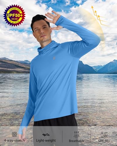 Roadbox Men's UPF 50+ Hooded Fishing Shirts Long Sleeve Sun Protection Hoodie, Hiking Running Swimming Rash Guard with Mask - color: Medium Blue, size: Small