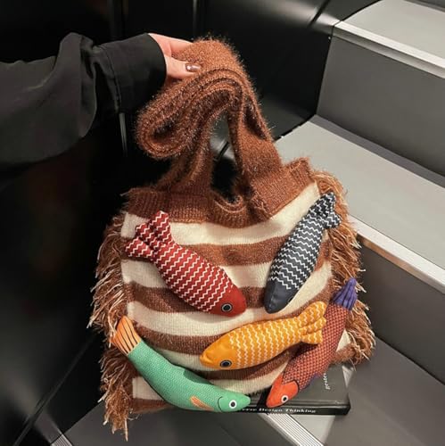 Knitted Beach Shoulder Bag for Women 3D Fish Bohemian Tote Versatile Purse Soft Hobo Handbag for Summer Vacation 2026 - color: C Brown