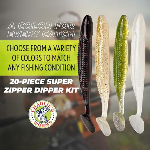 Charlie's Worms Bass Lures Freshwater Fishing Lure - Scented Artificial Softbait for Freshwater & Saltwater Bass Fishing, Swimbait, Softbait - style: Super Zipper Dipper (20-piece)