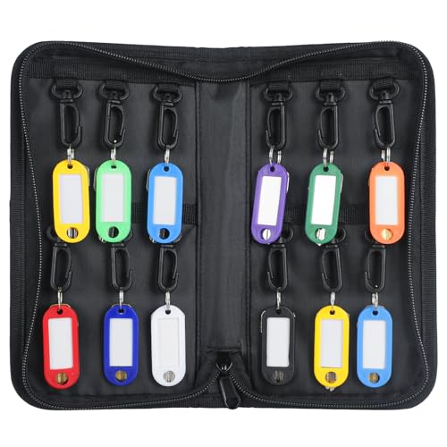 Uniclife Portable Zippered Key Case Waterproof and Fireproof Key Organizer with 12 Colorful Key Tags and Hooks Key Storage Book for Offices Real Estate Agencies Hotels and Rental Management - color: Black, size: 12 Keys