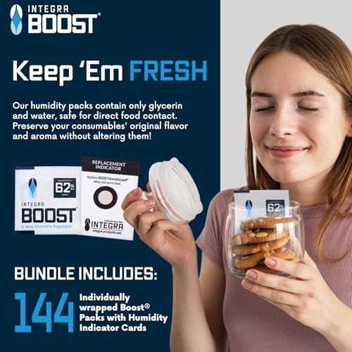 Integra Boost 62% RH, 2 Way Humidity Control Packs – 8g Size for Storing 1 oz – Pack of 144 Moisture Absorbers for Small Jars & Containers – Humidifier Packets for Herbs, Spices in Retail Display Box - size: Pack of 144