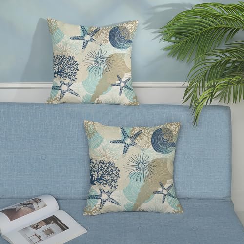 Nautical Coastal Pillow Covers 18x18 Inch Set of 2, Beach Themed Ocean Throw Pillows Starfish Seashell Decorations Summer Pillowcase Linen Outdoor Decor Farmhouse Cushion Case for Home Bedroom - color: Coastal 1, size: 18" x 18" (Pack of 2)