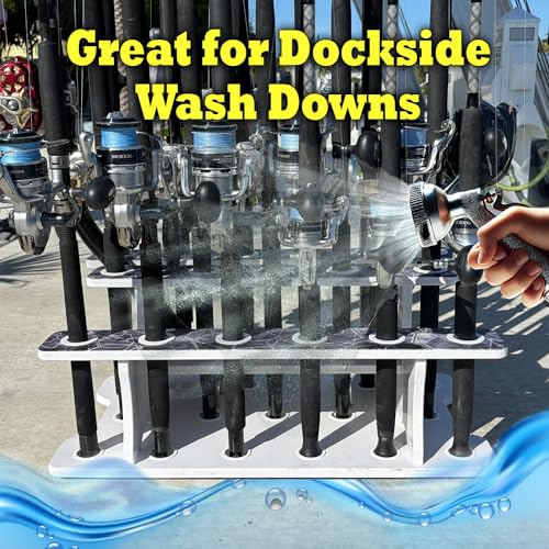 Rush Creek Creations Reel Salty 19-Rod Marine Grade Fishing Pole Holder with Tri-Level Design, UV-Resistant, 100% Waterproof Fishing Rod Holder for Garage and Dock, Blue/White - size: 19-Rod