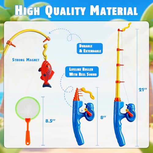 CozyBomB™ Magnetic Fishing Toys Game Set for Kids | Water Table Bathtub Kiddie Pool Party Pole Rod Net, Outdoor Plastic Floating Fish, Toddler Bath Color Ocean Sea Animals Birthday Gift Age 3-5 6 4-8 - size: 15 Fishes