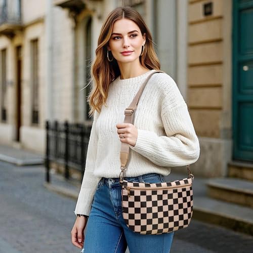 KALIDI Checkered Crossbody Bags for Women Travel Flat Fanny Packs for Woman Men Nylon Cross Body Purse Fashion Belt Bum Bag - color: Khaki Checkered