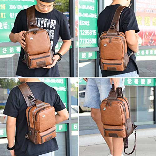 Genuine Leather Sling Bag for Men Women Shoulder Backpack Satchel Crossbody Chest Casual Outdoor Daypack - color: #06brown