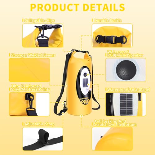 FELICON Waterproof Dry Bag Backpack with Bluetooth Speaker, 10L Roll Top Floating Sack, Solar & USB-C Powered Emergency Charger, RGB Light, Heavy Duty PVC for Kayaking Camping, Yellow - color: Yellow, size: 10L