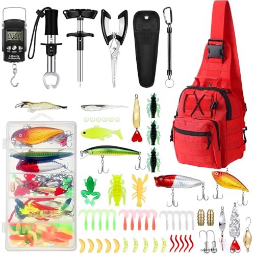 Sosation 134 Pcs Fishing Tool Fishing Tackle Box Kit and Equipment for Adults Beginner Gift, Hook Remover, Pliers Kit, Backpack Tackle Container Lures, Lip Gripper, Weigh Scale - color: Red