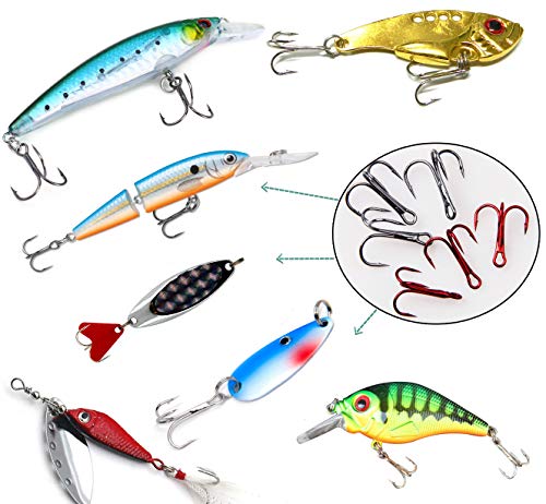Fishing Treble Hooks Kit for Saltwater Freshwater, High Carbon Steel Barbed Treble Hooks Strong Sharp Round Bend Triple Fishing Hooks for Catfish Bass Trout Hard Baits Lures