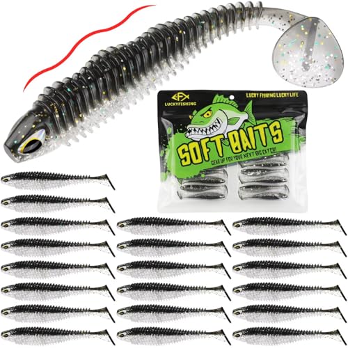 LUCKYFISHING Paddle Tail Swimbaits 10/16/20 PCS Fishing Lures Soft Plastic Lures for Trout Crappie Walleye Soft Baits for Bass Fishing Freshwater Saltwater 4.1/3.5/3/2.5 Inch - color: Black Silver, size: 2.5 inch-20pcs