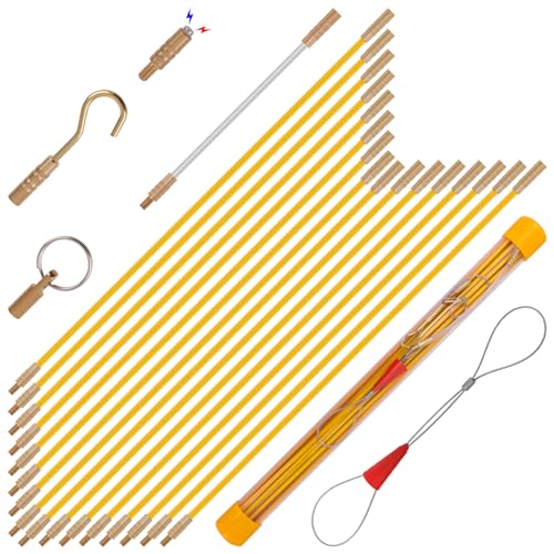 22FT Fiberglass Running Electrical Wire Cable Pulling Fish Tape kit in a Carrying Case Through Wall Cable Snake Rods Electrical Tools Kit with Different Attachments - size: 22FT-16 Rods
