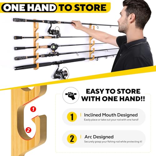 PLUSINNO H5W Horizontal Fishing Rod/Pole Holders for Garage, Wall or Ceiling Mounted Rack, Solid Wood Fishing Rod Holder Holds up to 5/10/20 Rods or Combos Fishing Gear, Gifts for Men - color: 1pack(store 5 fishing rods or combos)