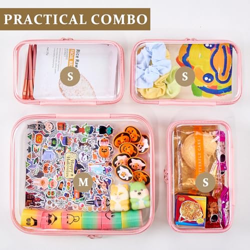 4 pcs Clear Zipper Pouches,Hard Shell Zipper Case, Toiletry Bag for Travel, CLear Diaper Bag, Toiletry Pouch, Travel Organizer, Cosmetic Bag,Toy Storage Bins (M+3S) (Light Pink) - color: Light Pink, size: M+3S