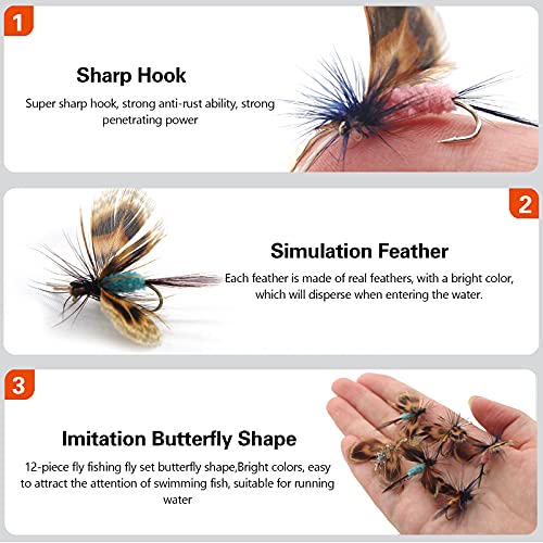 Fly Fishing Kit with Tackle Dry/Wet Fly Handcrafted Lures, Streamer for Trout, Bass, Salmon - color: 12pcs