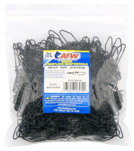 AFW Brass Coastlock Snap Swivels – Durable Fishing Gear with High-Strength Wire Snaps, Black Oxide Finish, Prevents Line Twisting & Kinking, Supports Up to 350 lb Test. - size: 144 pc, #2/0, 225 lb test