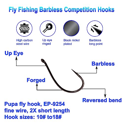 Eupheng 100pcs Plus Best Barbless Competition Fly Fishing Hook Collection, Dry Nymph Strimp&Pupa, Pupa jig Fly Hooks High Carbon Competition Hook - color: Pupa Fly Hook EP-9254, size: 10#
