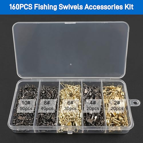 SILANON Fishing Barrel Swivel with Safety Snap,145/160pcs High Strength Fishing Snap Swivels Stainless Steel Line Connector Saltwater Fishing Tackle Accessories - style: 160pcs Kit (2,4,6,8,10#)