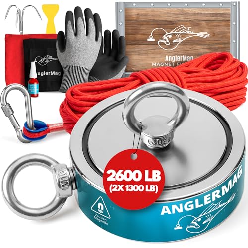 AnglerMag Magnet Fishing Kit - 2600 lbs Double Sided Neodymium Magnetic Fishing Stuff with Rope - 10 PCS Extra Strong Complete Gift Set with eBook, Carabiner, Gloves, Grappling Hook & Carrying Bag - size: 2600 LB